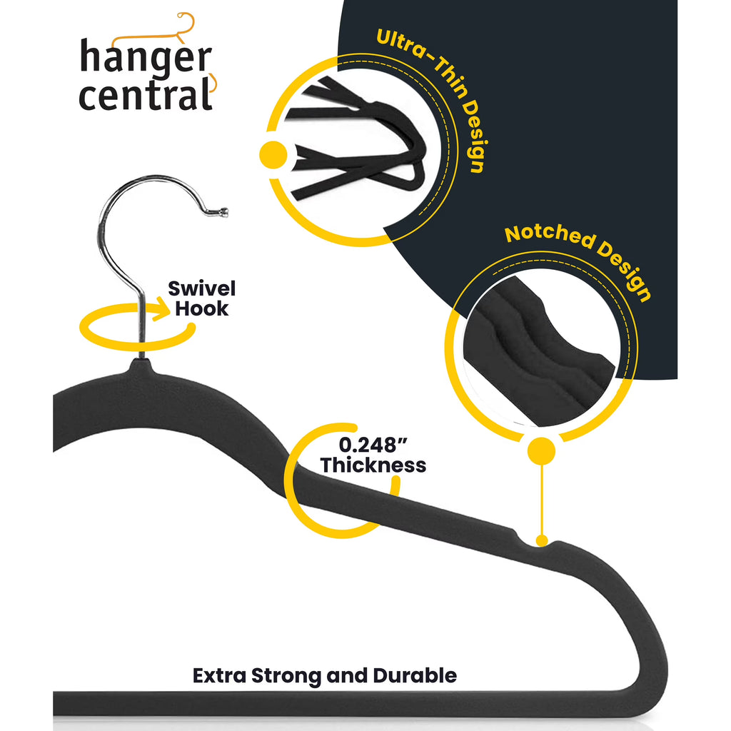 17 Inch Black Velvet Clothes Hangers with Swivel Hook